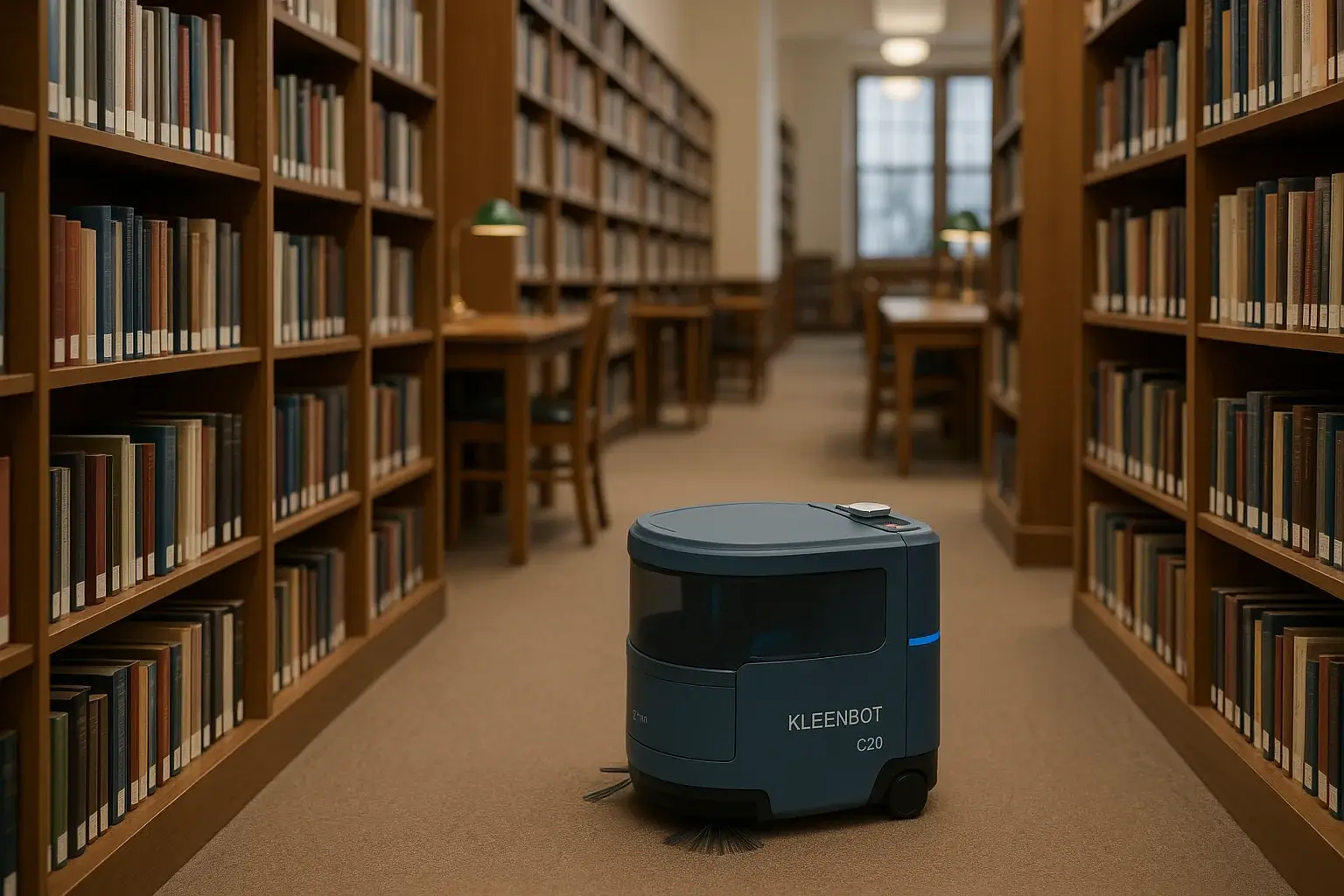 KLEENBOT C20 gulvvaskerobot i bibliotek Norge - stille rengjøring mellom bokhyller og leseområder