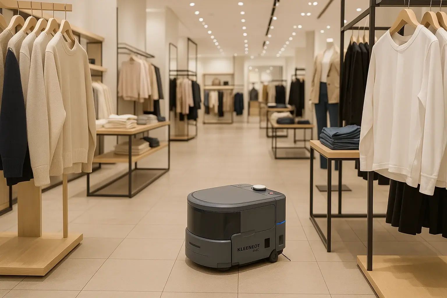 KLEENBOT C20 gulvvaskerobot i butikkmiljø Norge - kompakt design går under hyller og møbler
