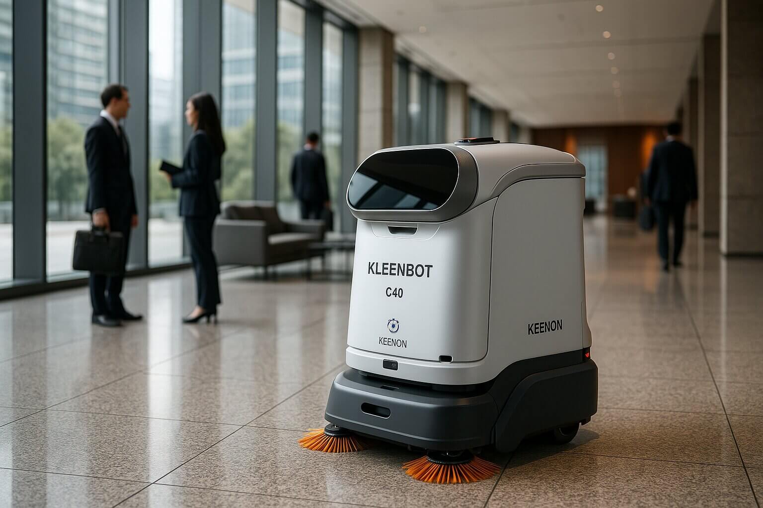 KLEENBOT C40 gulvvaskerobot i kontorbygg - diskret og effektiv rengjøring uten å forstyrre arbeid