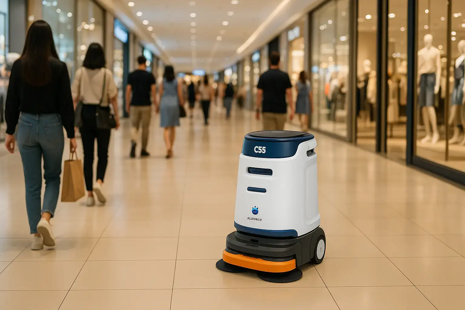 KLEENBOT C55 gulvvaskerobot i kjøpesenter Norge - profesjonell rengjøringsrobot for store kommersielle områder